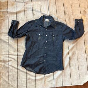 Vintage Triple LLL Brand Denim Western Embroidered Pearl Snap Long Sleeve Sz XL
